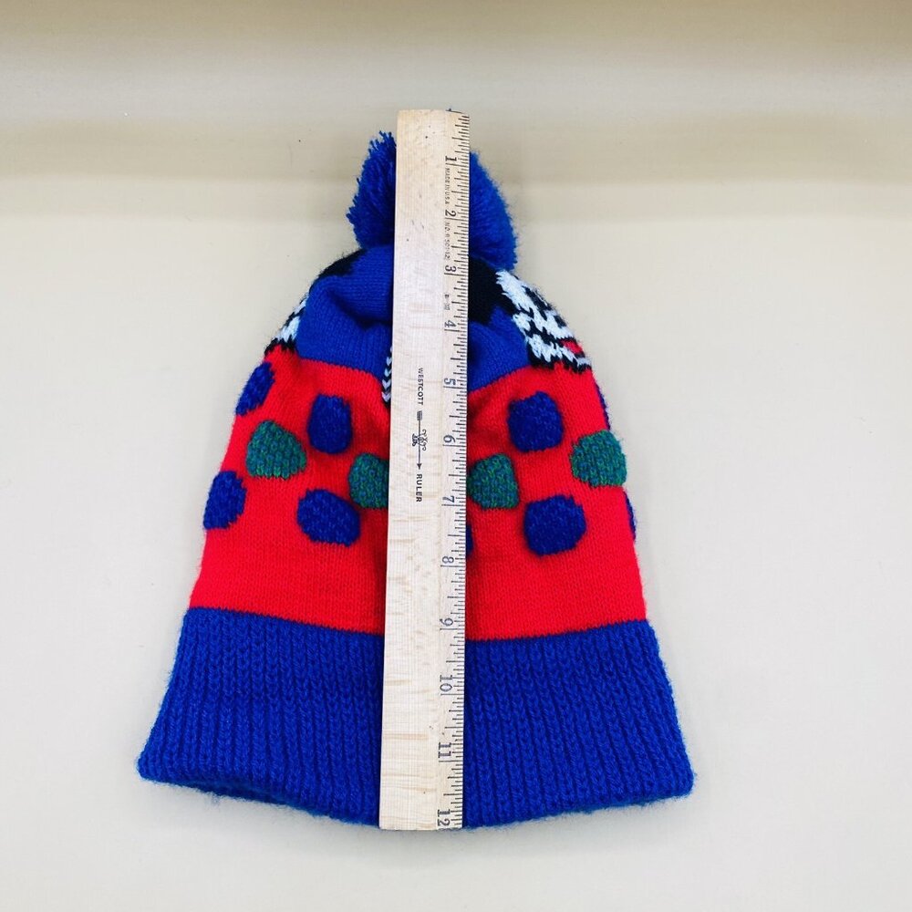 Vintage Garon Mickey Mouse Walt Disney Youth Beanie Cap Hat Pom Pom USA Blue Red - Picture 10 of 11